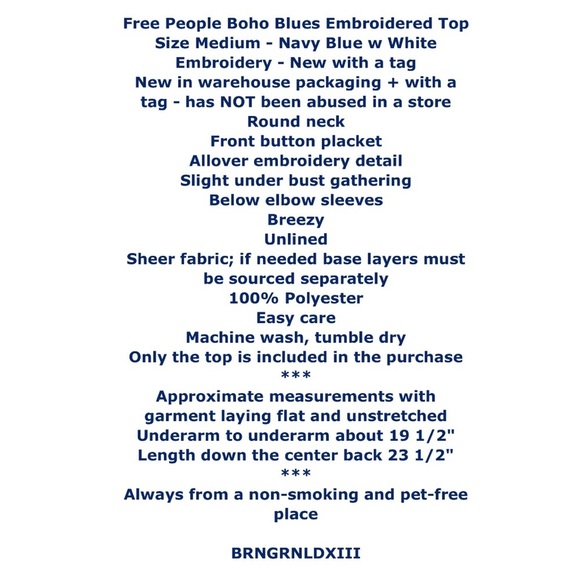 Free People Boho Blues Top Medium 6 8 Navy Bold Embroidery Blouse Shirt Breezy - Picture 2 of 14
